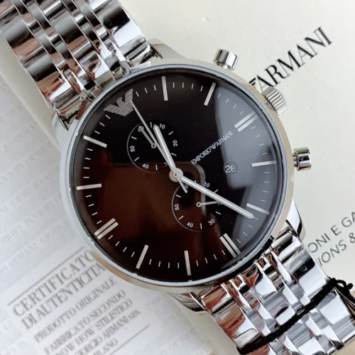 Armani AR0389 Men's Black Dial Quartz Watch 43mm Stainless Steel Bracelet
