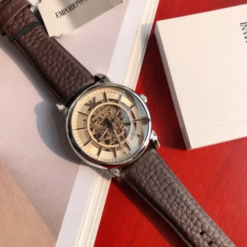 Armani AR1982 Men's Skeleton Automatic Watch 43mm Leather Strap