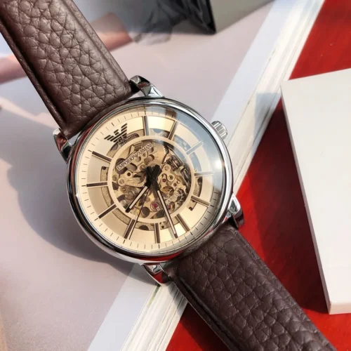 Armani AR1982 Men's Skeleton Automatic Watch 43mm Leather Strap
