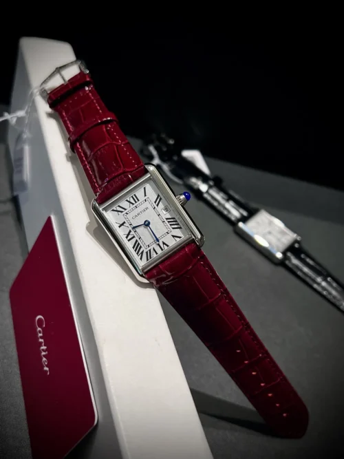 Cartier Tank White Dial Quartz Watch Leather Strap